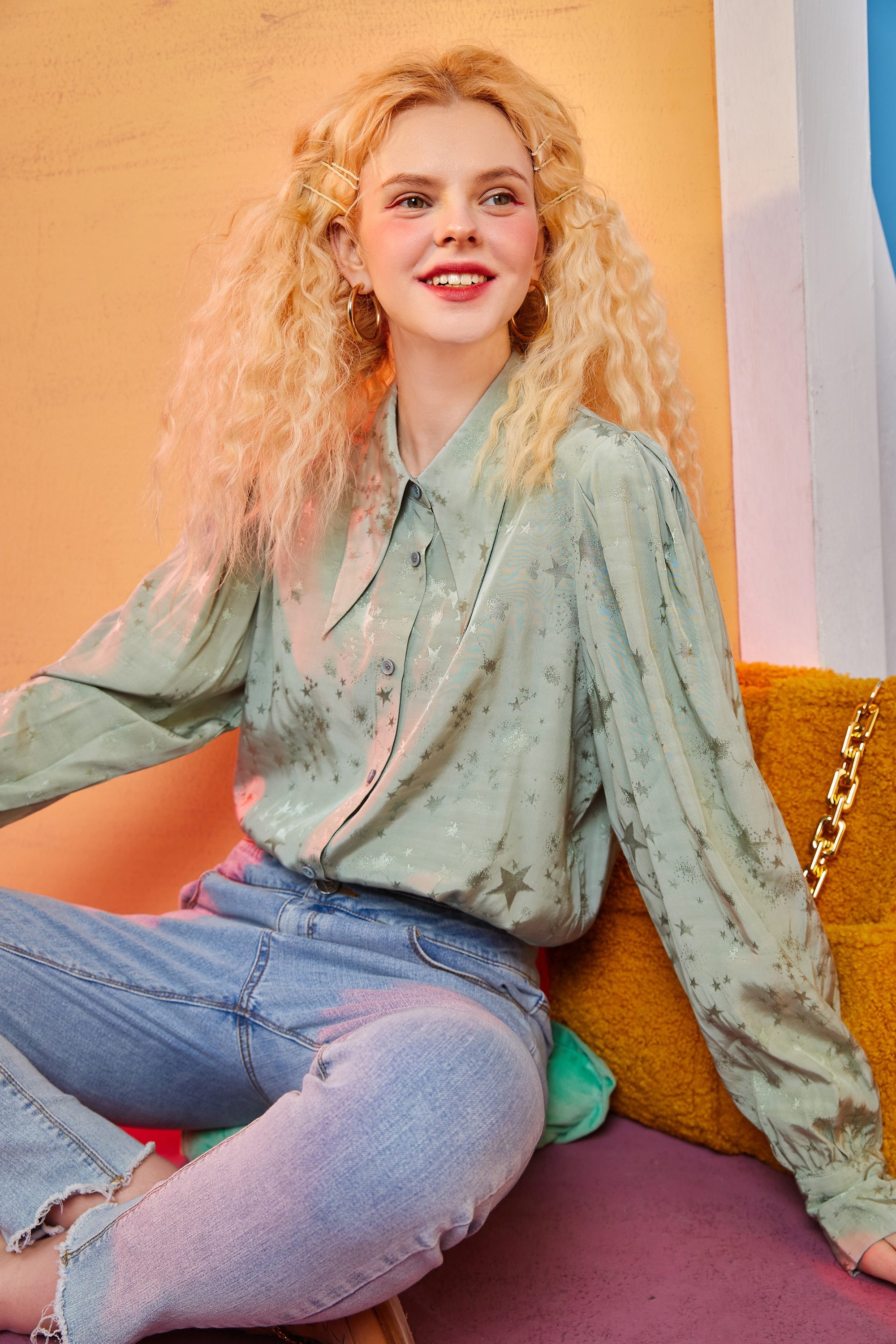 A stylish Solid Pure Single Breasted Casual Chiffon Shirt for women in green and yellow, showcasing its full sleeves and turn-down collar.