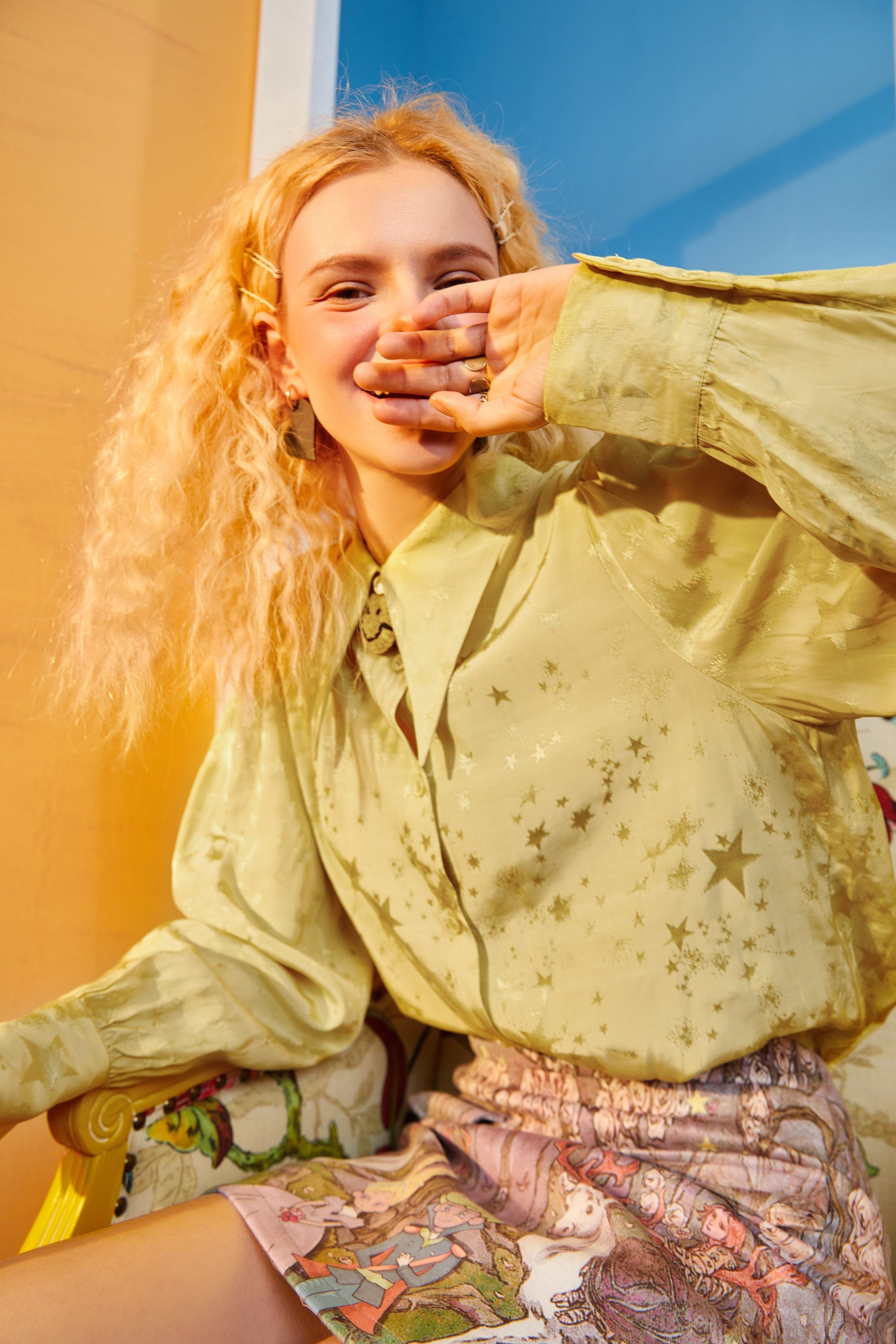 A stylish Solid Pure Single Breasted Casual Chiffon Shirt for women in green and yellow, showcasing its full sleeves and turn-down collar.