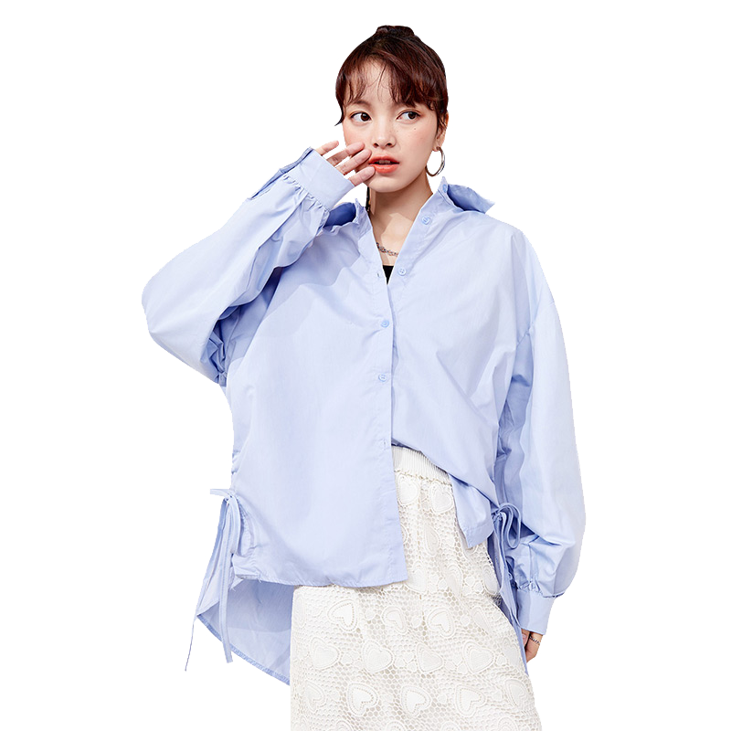 Solid Pure Single Breasted Casual Oversize Shirt for Women in white and blue, featuring a turn-down collar and button closure.