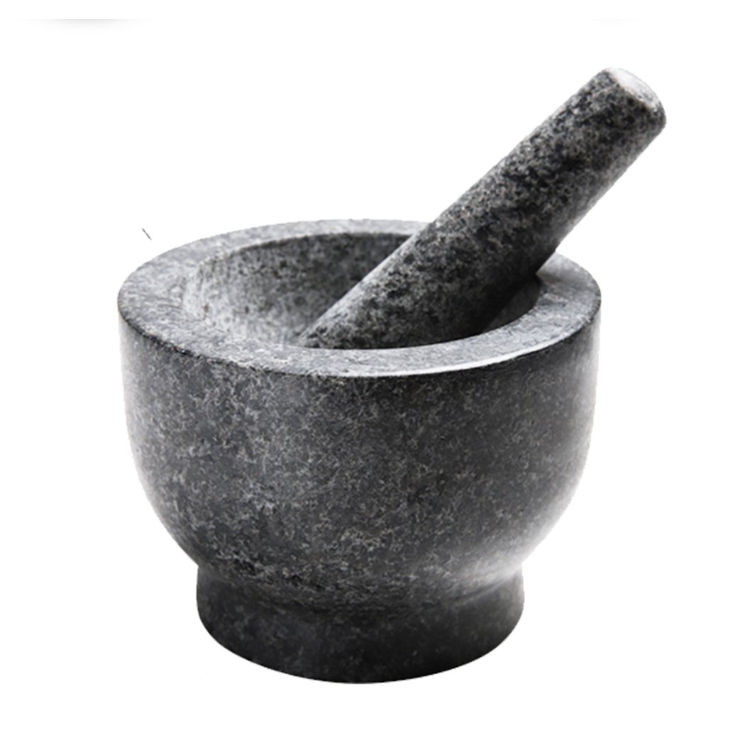 Solid Stone Food Preparation Unpolished Granite Spice Herb Grinder with mortar and pestle set, showcasing its heavy-duty granite material.