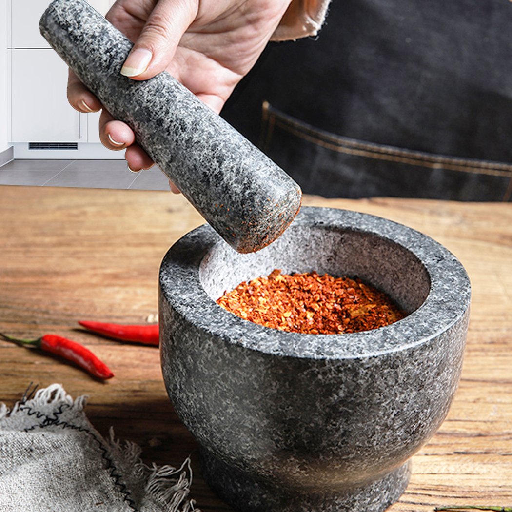 Solid Stone Food Preparation Unpolished Granite Spice Herb Grinder with mortar and pestle set, showcasing its heavy-duty granite material.