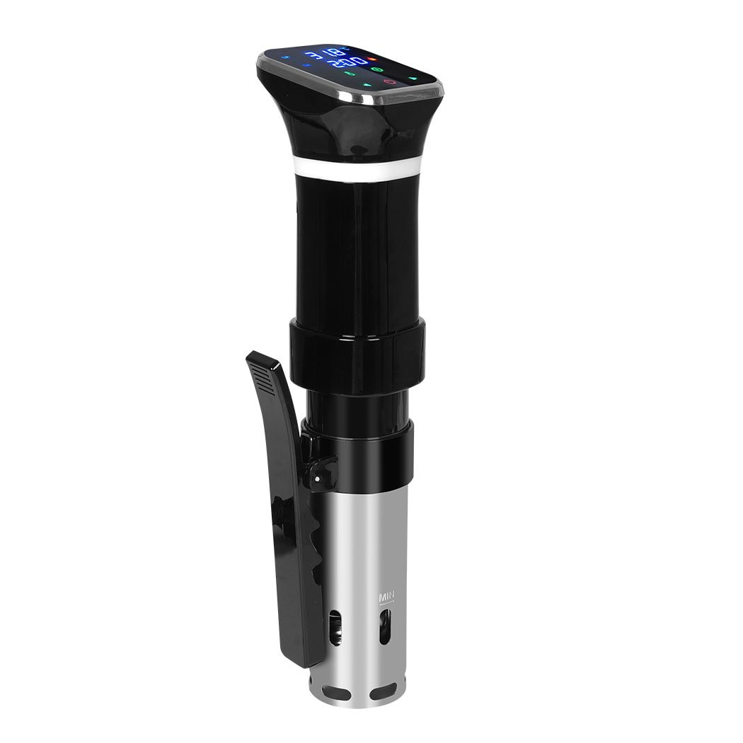 Sous Vide Precision Cooker with touch screen display and stainless steel tube, designed for perfect cooking.
