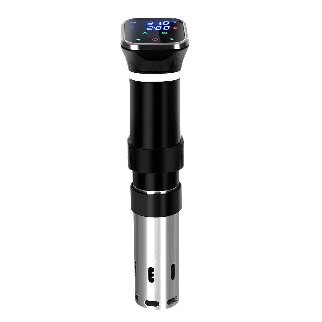 Sous Vide Precision Cooker with touch screen display and stainless steel tube, designed for perfect cooking.