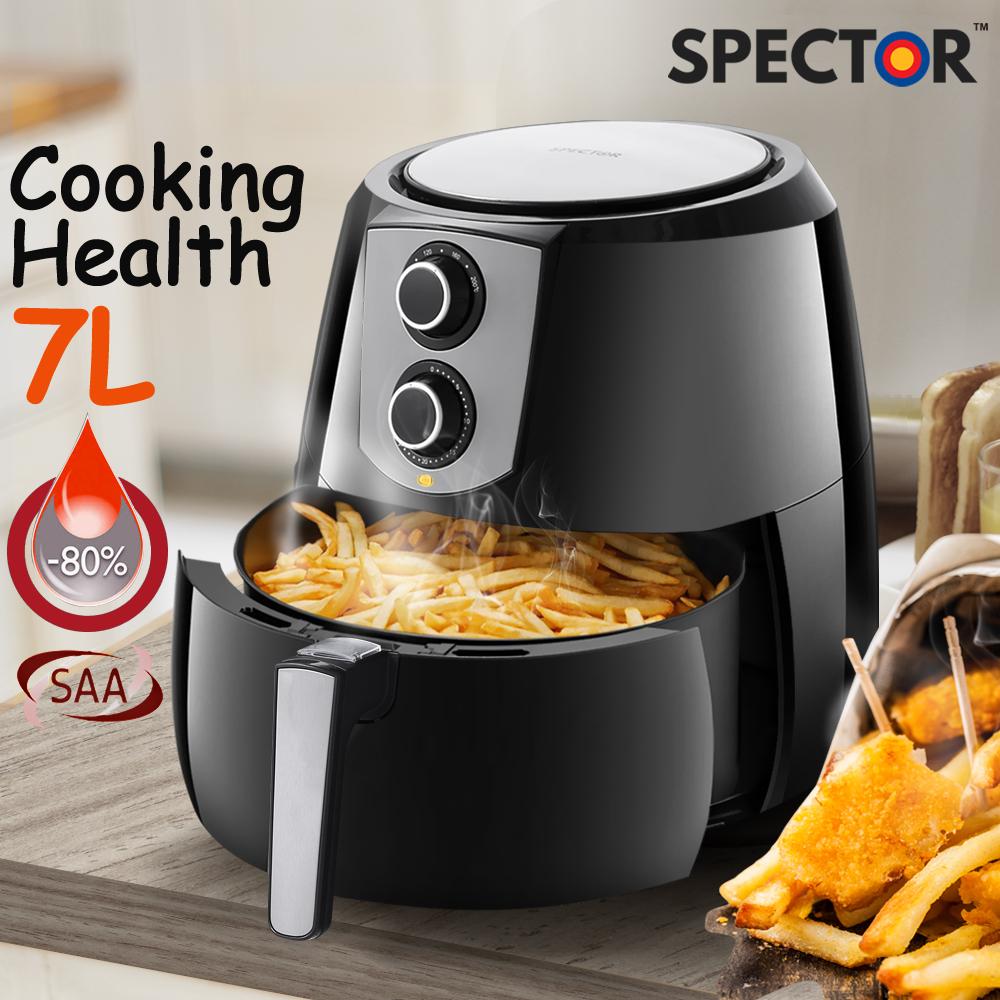 Spector 1800W 7L Air Fryer in black, showcasing its sleek design and user-friendly controls.