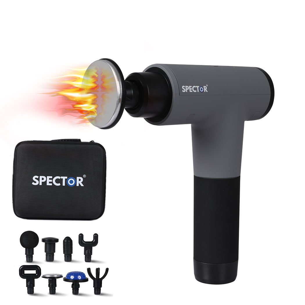 Spector Heated Massage Gun with multiple massage heads and sleek design, ideal for deep tissue muscle relief.