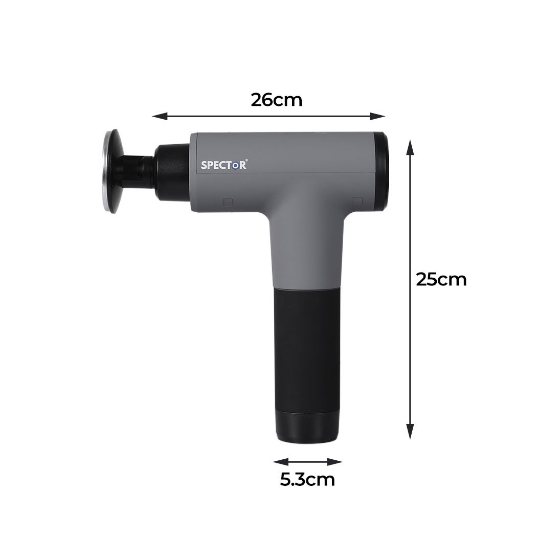 Spector Heated Massage Gun with multiple massage heads and sleek design, ideal for deep tissue muscle relief.