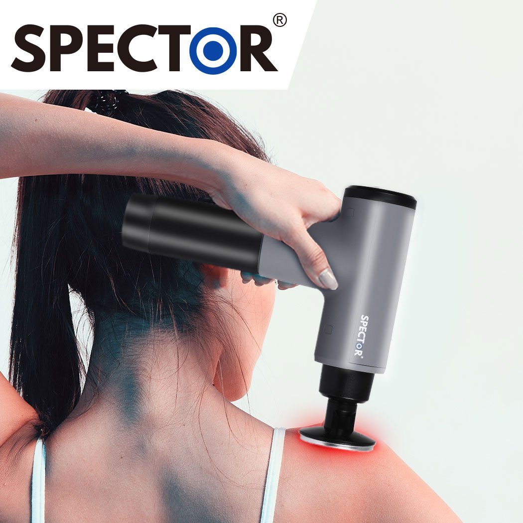 Spector Heated Massage Gun with multiple massage heads and sleek design, ideal for deep tissue muscle relief.