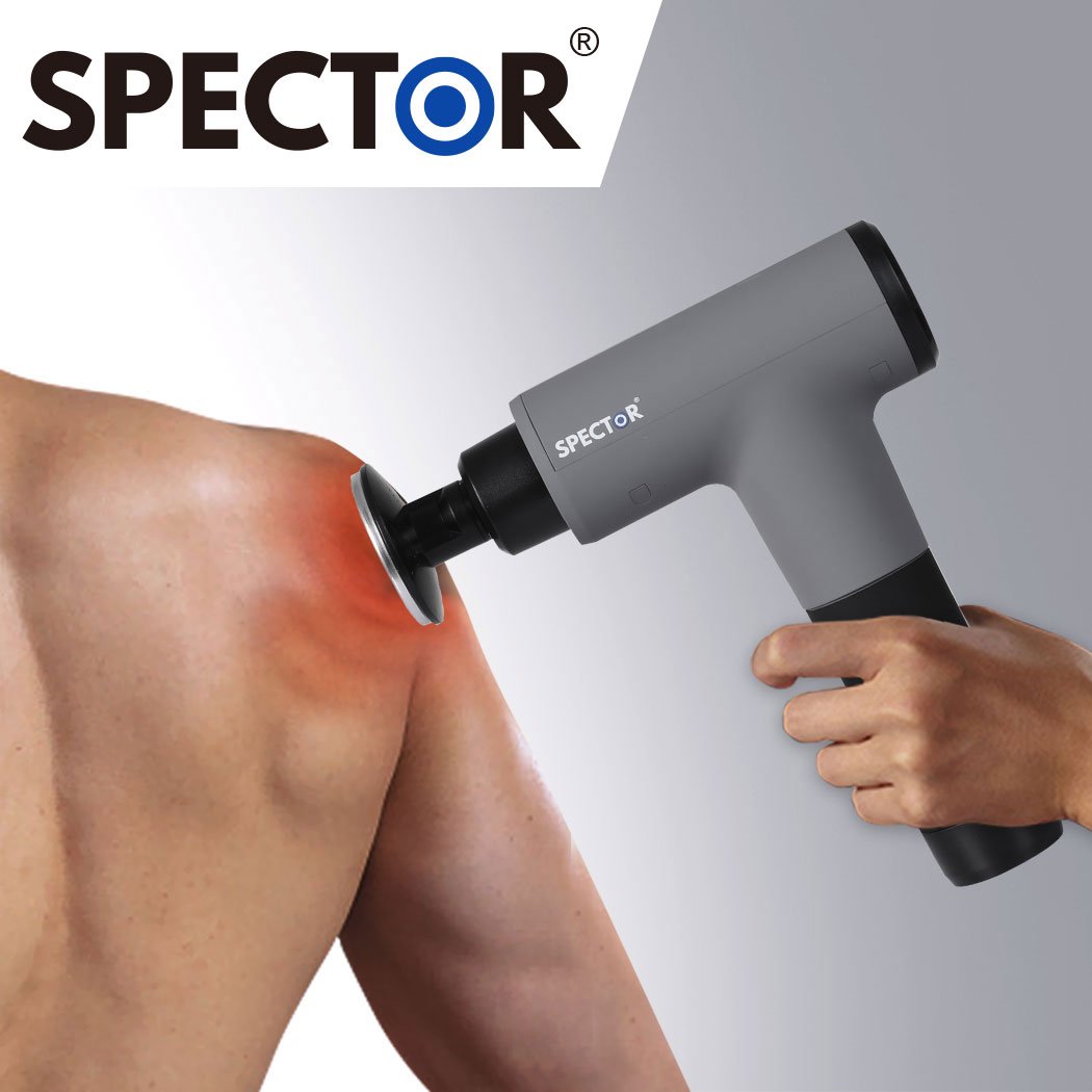 Spector Heated Massage Gun with multiple massage heads and sleek design, ideal for deep tissue muscle relief.