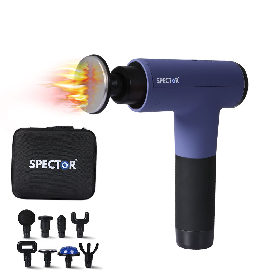 Spector Heated Massage Gun with multiple massage heads and sleek design, perfect for deep tissue muscle relief.