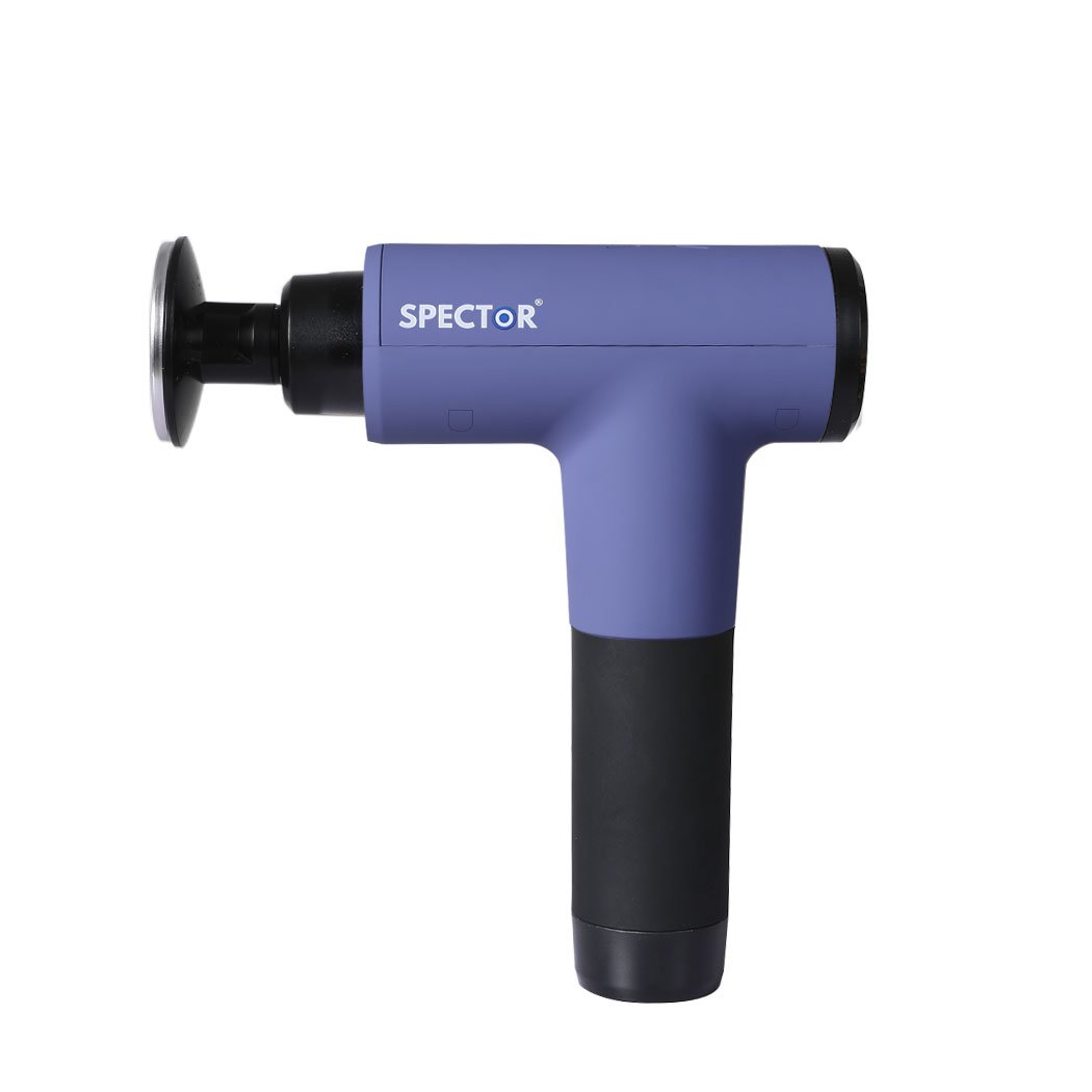 Spector Heated Massage Gun with multiple massage heads and sleek design, perfect for deep tissue muscle relief.