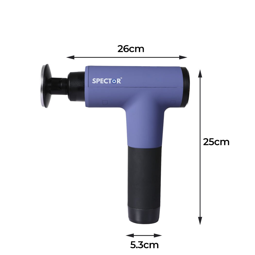 Spector Heated Massage Gun with multiple massage heads and sleek design, perfect for deep tissue muscle relief.