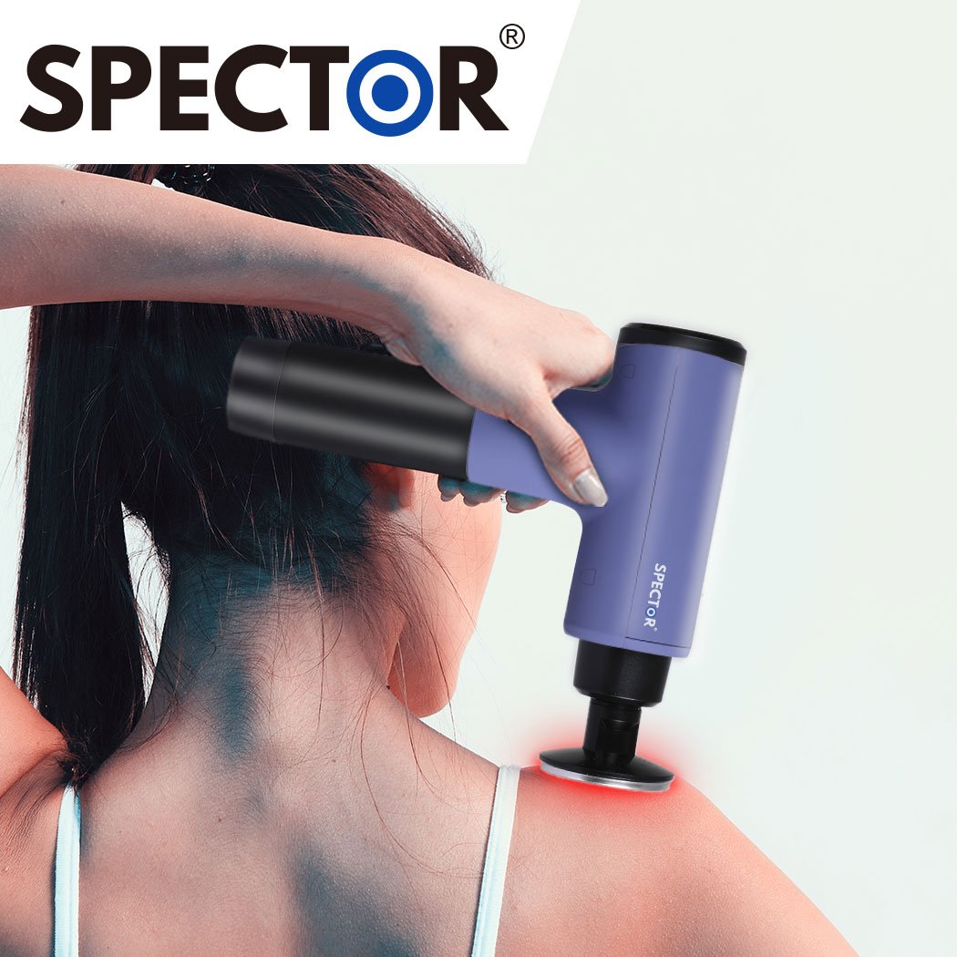 Spector Heated Massage Gun with multiple massage heads and sleek design, perfect for deep tissue muscle relief.