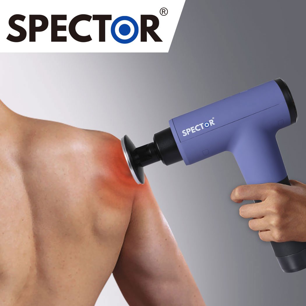 Spector Heated Massage Gun with multiple massage heads and sleek design, perfect for deep tissue muscle relief.