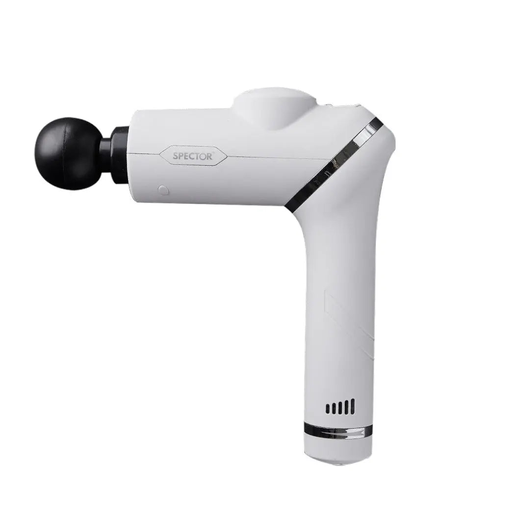 Spector Massage Gun with 90° rotatable design, featuring multiple massage heads and ergonomic handle for deep tissue relief.