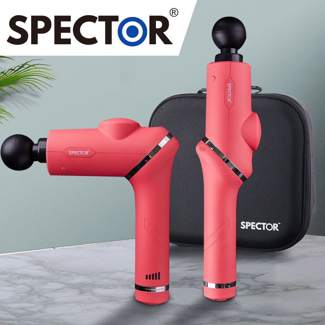 Spector Massage Gun in pink color with 90° rotatable design and multiple massage heads for deep tissue relief.