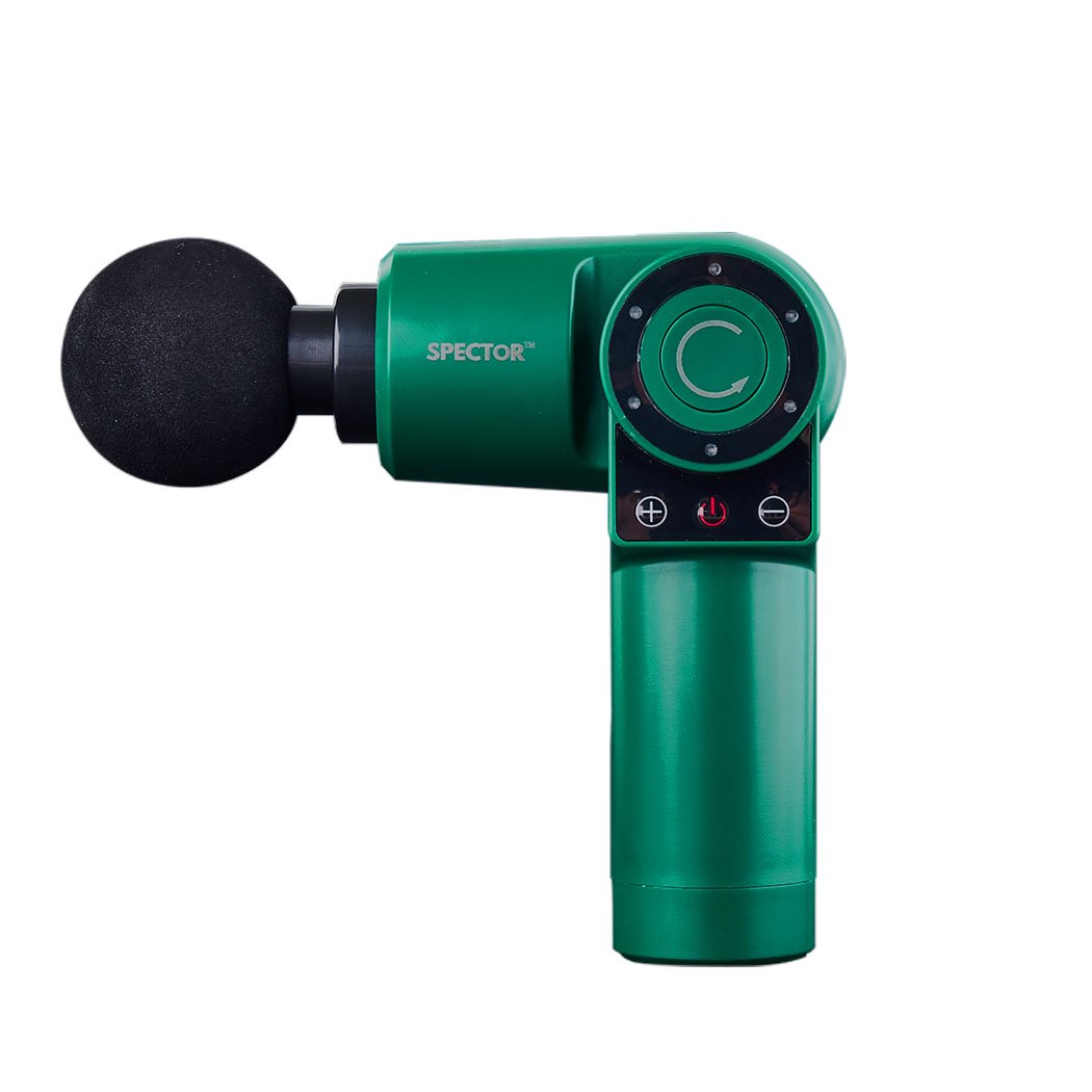 Spector Massage Gun in green color, showcasing its ergonomic design and 90° rotatable feature, ideal for muscle recovery.