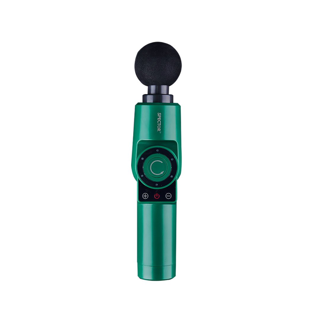 Spector Massage Gun in green color, showcasing its ergonomic design and 90° rotatable feature, ideal for muscle recovery.