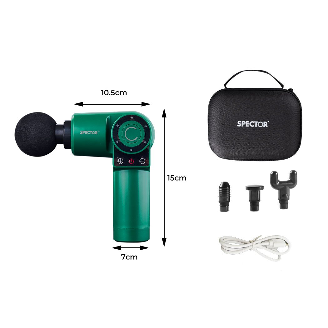 Spector Massage Gun in green color, showcasing its ergonomic design and 90° rotatable feature, ideal for muscle recovery.