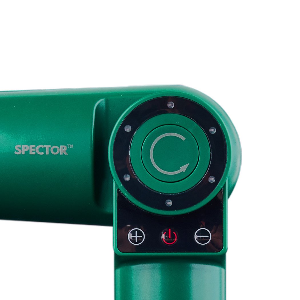 Spector Massage Gun in green color, showcasing its ergonomic design and 90° rotatable feature, ideal for muscle recovery.