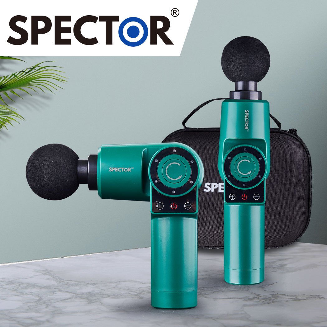 Spector Massage Gun in green color, showcasing its ergonomic design and 90° rotatable feature, ideal for muscle recovery.