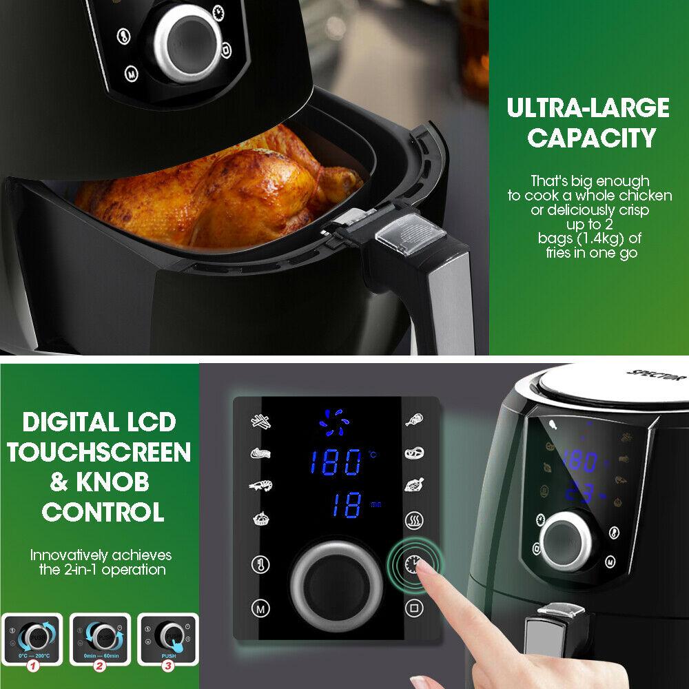 Spector New 7L Air Fryer in black with LCD display, showcasing its sleek design and large capacity.