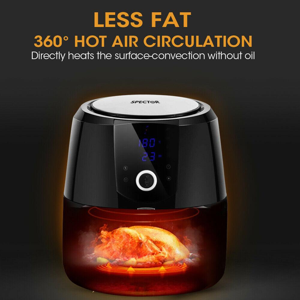 Spector New 7L Air Fryer in black with LCD display, showcasing its sleek design and large capacity.