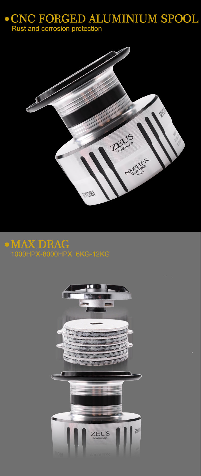 Spinning Fishing Reel 1000-8000 with 6+1BB ball bearings and CNC spool, showcasing its sleek design and robust features.