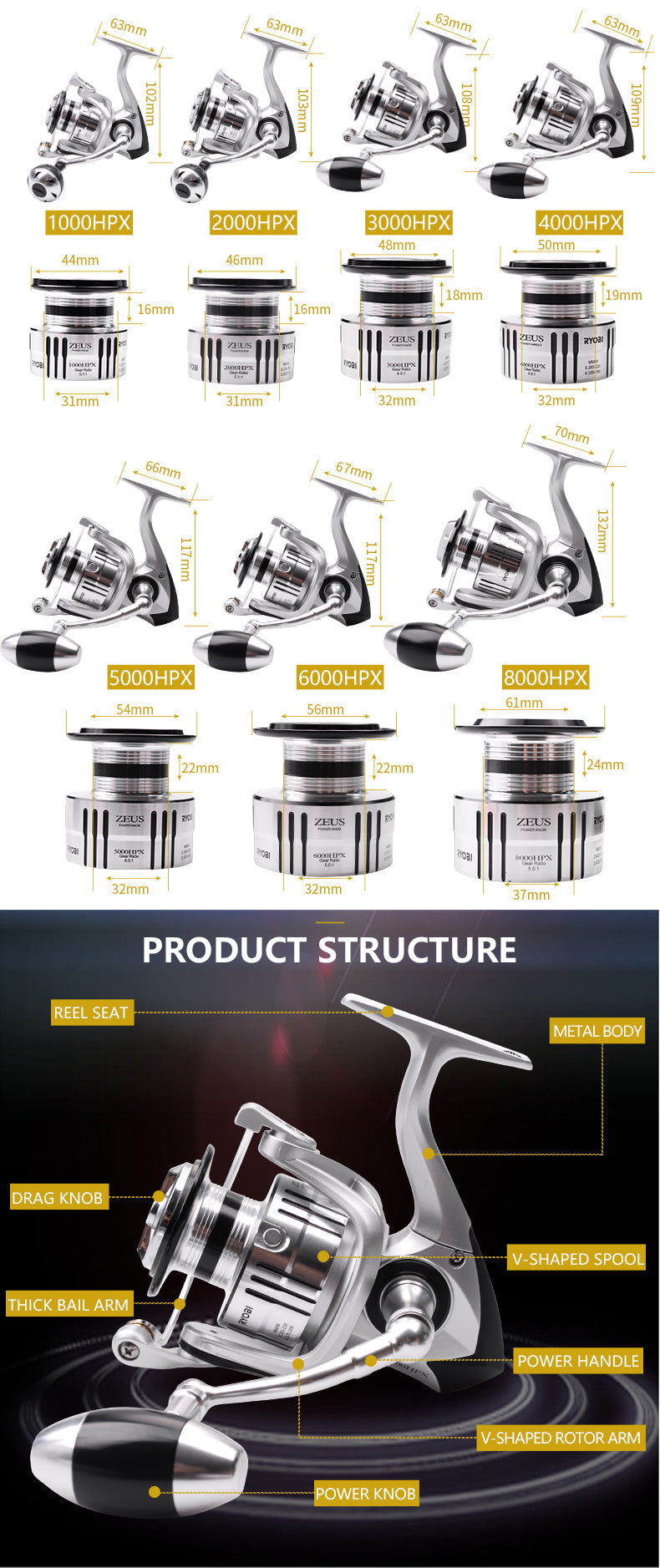 Spinning Fishing Reel 1000-8000 with 6+1BB ball bearings and CNC spool, showcasing its sleek design and robust features.