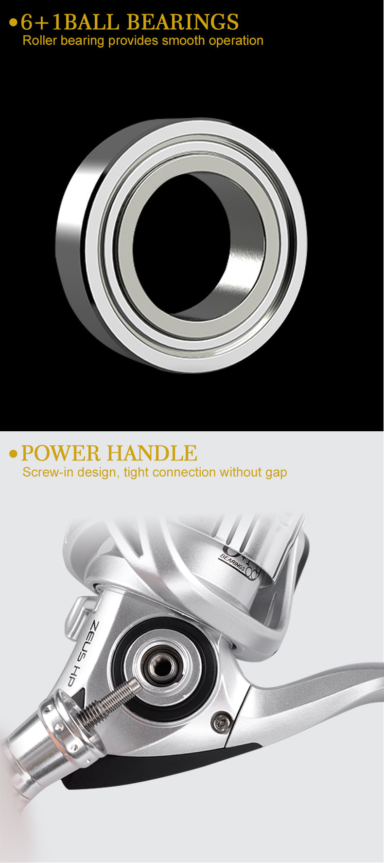 Spinning Fishing Reel 1000-8000 with 6+1BB ball bearings and CNC spool, showcasing its sleek design and robust features.