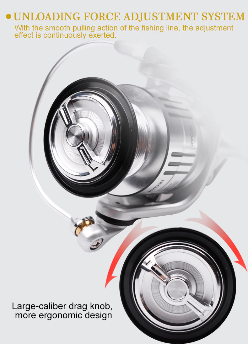 Spinning Fishing Reel 1000-8000 with 6+1BB ball bearings and CNC spool, showcasing its sleek design and robust features.