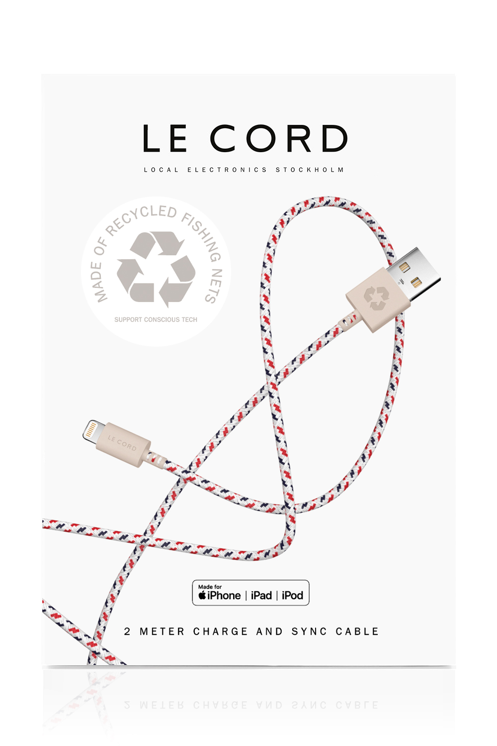 Spiral iPhone Lightning cable, 2 meters long, made from recycled fishing nets, featuring a braided textile sleeve.