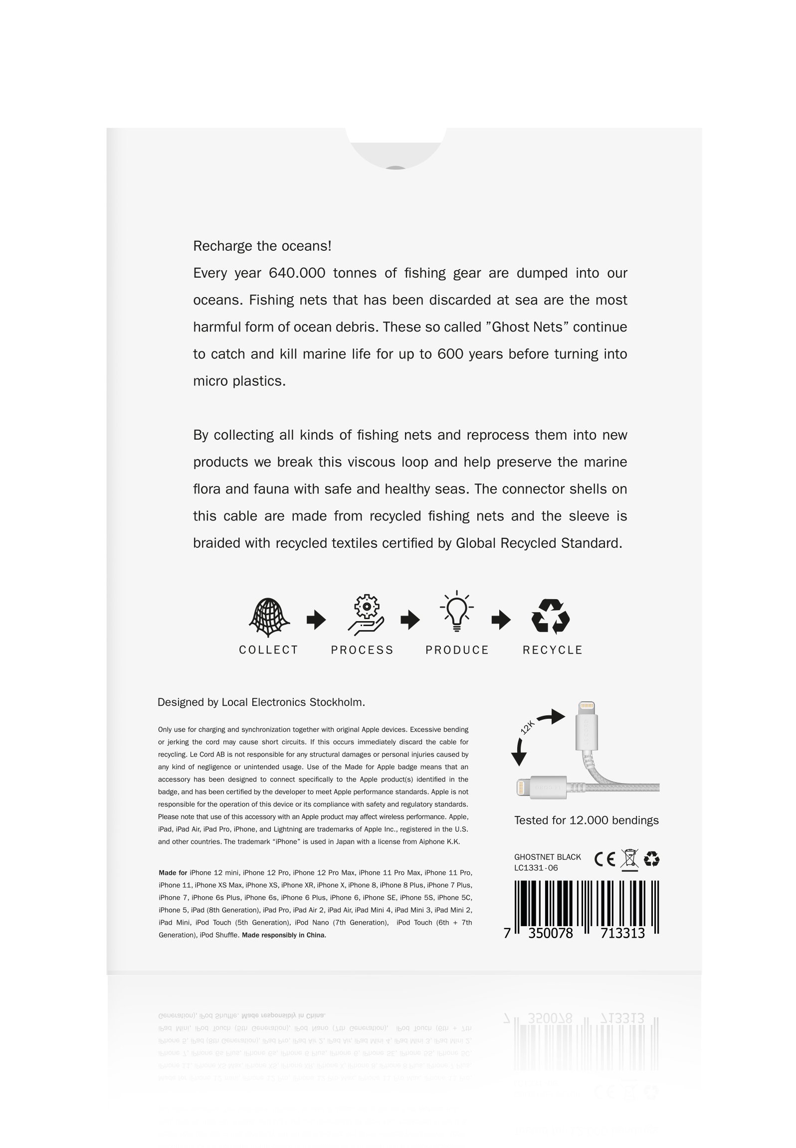 Spiral iPhone Lightning cable, 2 meters long, made from recycled fishing nets, featuring a braided textile sleeve.