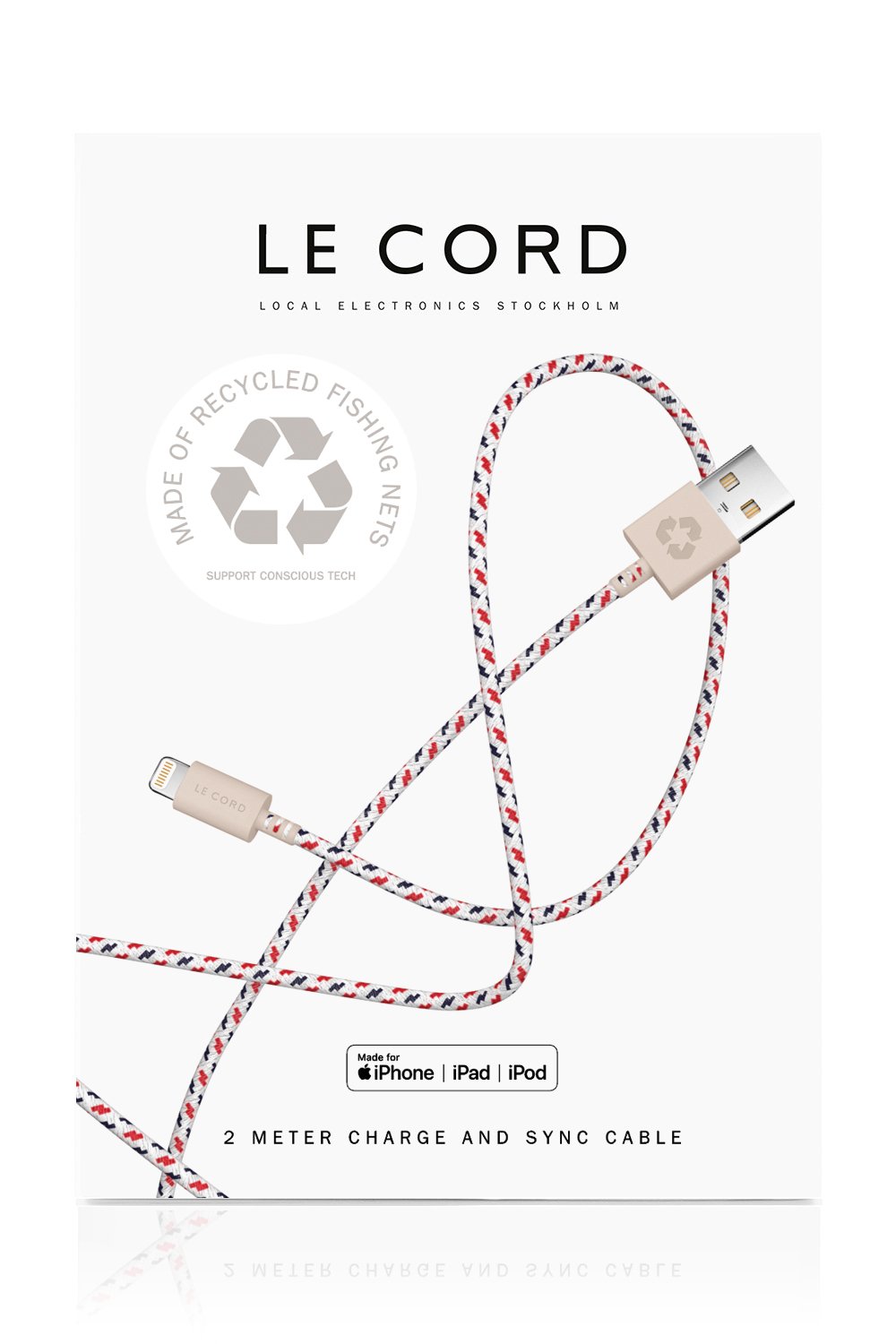 Spiral iPhone Lightning cable, 2 meters long, made from recycled fishing nets, featuring a braided textile sleeve.