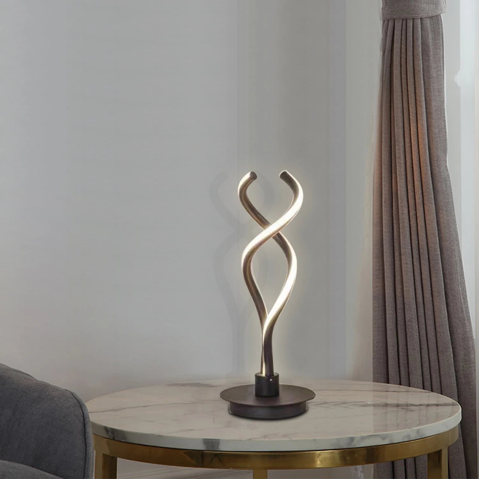 Modern Minimalist LED Spiral Table Lamp with a sleek black finish, designed for bedside or desk use, showcasing its unique spiral shape.