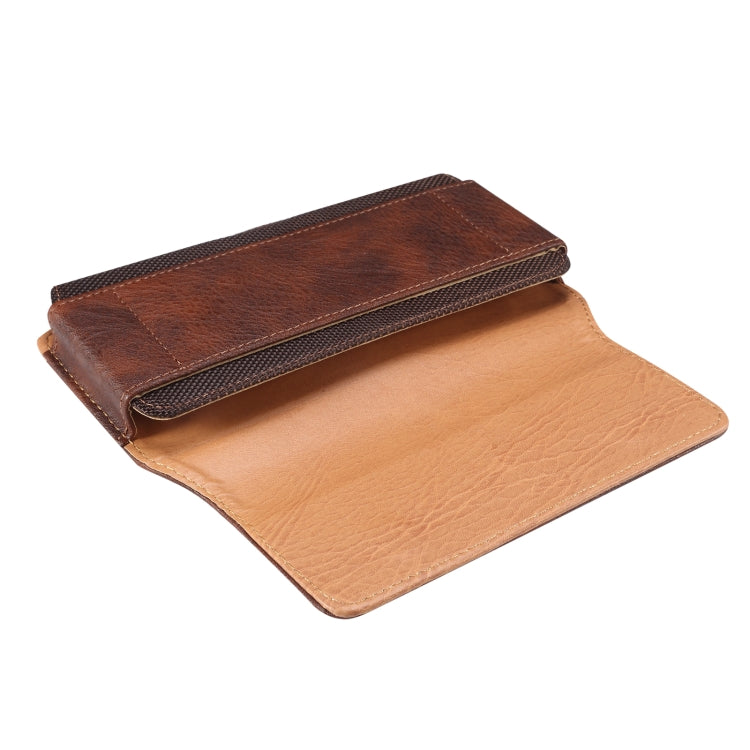 Brown Splicing Cowhide Texture Waist Hanging Fold Phone Case, featuring a durable design and convenient card slot.