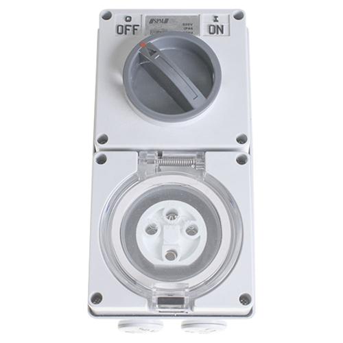 SPM IP66 4P Combination Switch Socket 10A with clear dustproof flap and wall box, designed for industrial use in harsh conditions.