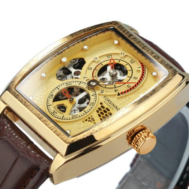 Sport Automatic Watch for Men featuring a black tonneau case, leather strap, and luminous hands, showcasing its elegant design and craftsmanship.