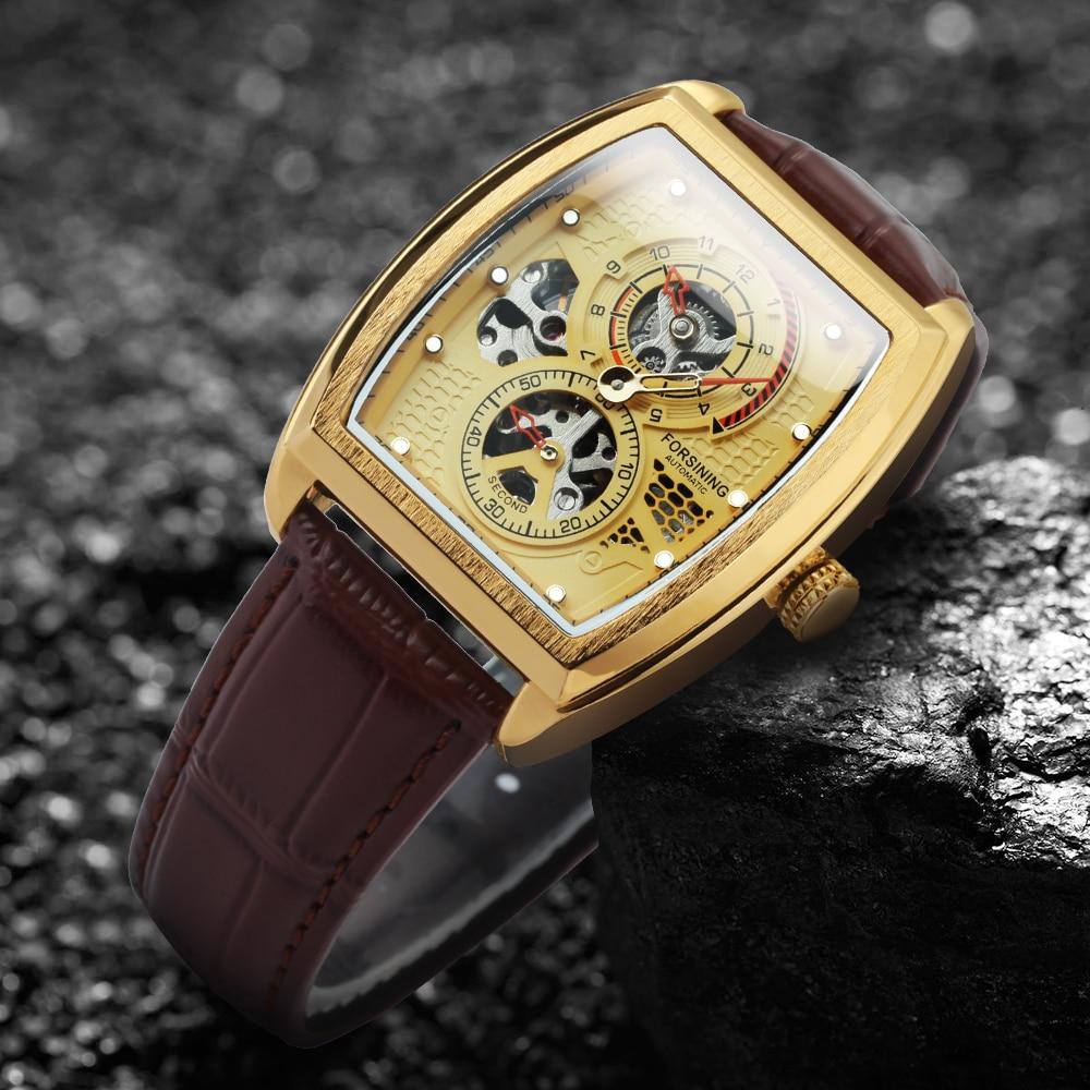 Sport Automatic Watch for Men featuring a black tonneau case, leather strap, and luminous hands, showcasing its elegant design and craftsmanship.