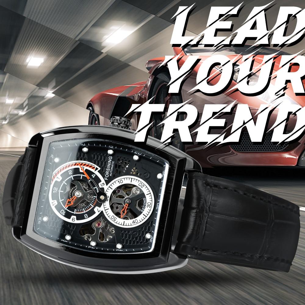 Sport Automatic Watch for Men featuring a black tonneau case, leather strap, and luminous hands, showcasing its elegant design and craftsmanship.