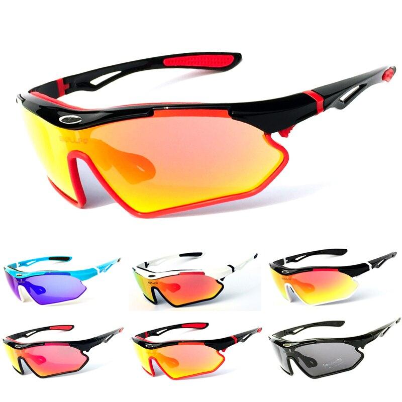 A pair of sports cycling polarized sunglasses with a multi-colored TR-90 frame, designed for outdoor activities like mountain biking and trekking.