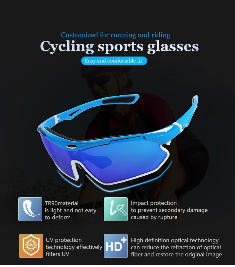 A pair of sports cycling polarized sunglasses with a multi-colored TR-90 frame, designed for outdoor activities like mountain biking and trekking.