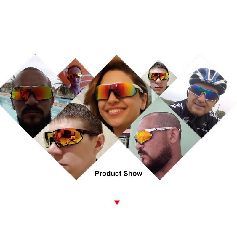 A pair of sports cycling polarized sunglasses with a multi-colored TR-90 frame, designed for outdoor activities like mountain biking and trekking.