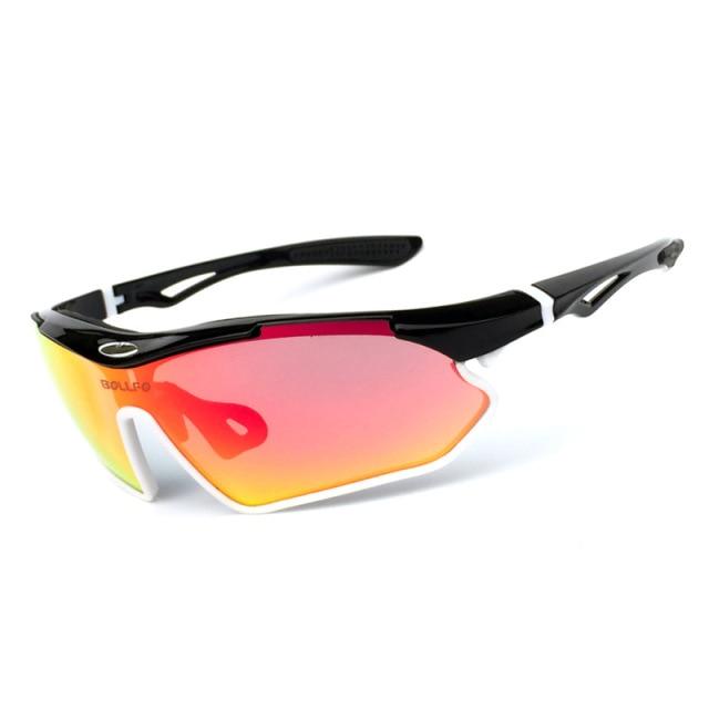 A pair of sports cycling polarized sunglasses with a multi-colored TR-90 frame, designed for outdoor activities like mountain biking and trekking.