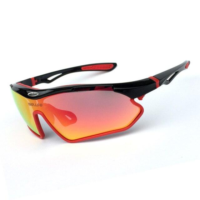 A pair of sports cycling polarized sunglasses with a multi-colored TR-90 frame, designed for outdoor activities like mountain biking and trekking.