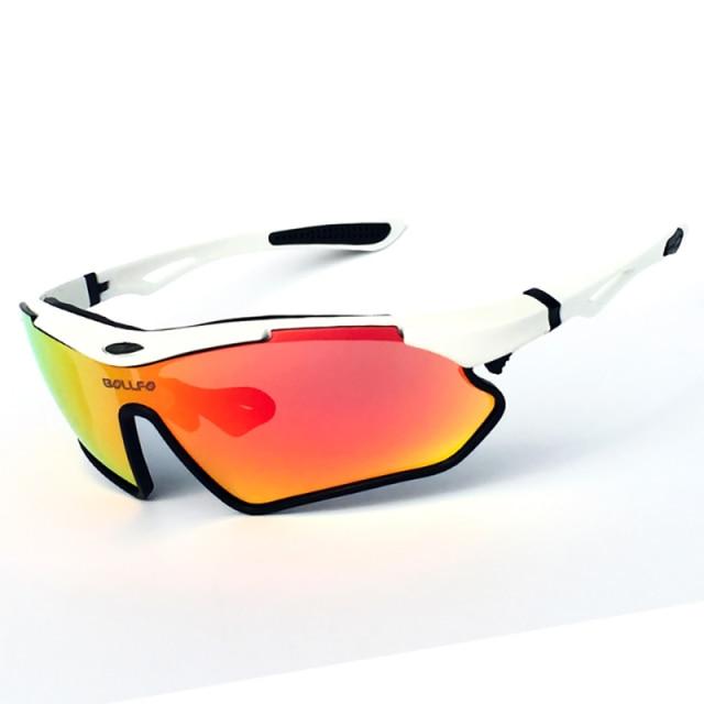 A pair of sports cycling polarized sunglasses with a multi-colored TR-90 frame, designed for outdoor activities like mountain biking and trekking.