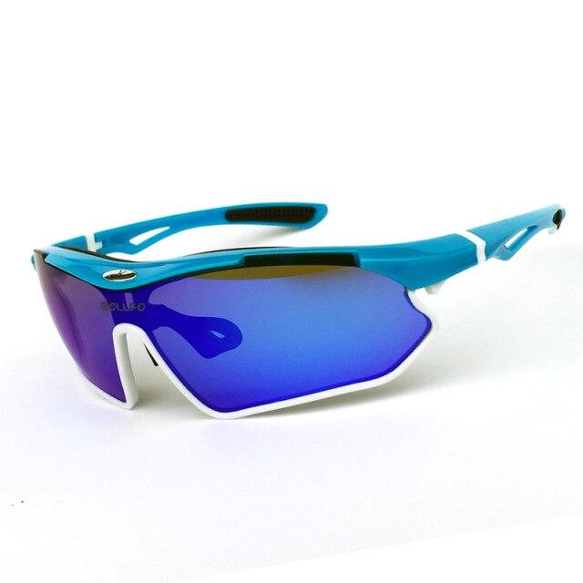 A pair of sports cycling polarized sunglasses with a multi-colored TR-90 frame, designed for outdoor activities like mountain biking and trekking.