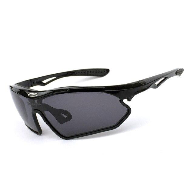 A pair of sports cycling polarized sunglasses with a multi-colored TR-90 frame, designed for outdoor activities like mountain biking and trekking.