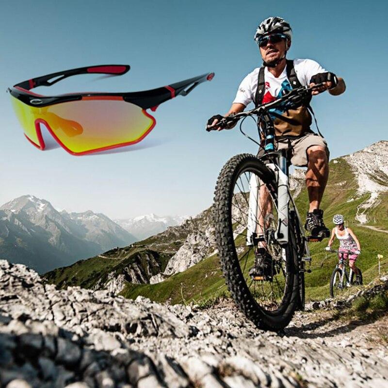 A pair of sports cycling polarized sunglasses with a multi-colored TR-90 frame, designed for outdoor activities like mountain biking and trekking.
