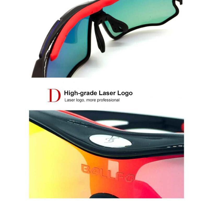 A pair of sports cycling polarized sunglasses with a multi-colored TR-90 frame, designed for outdoor activities like mountain biking and trekking.