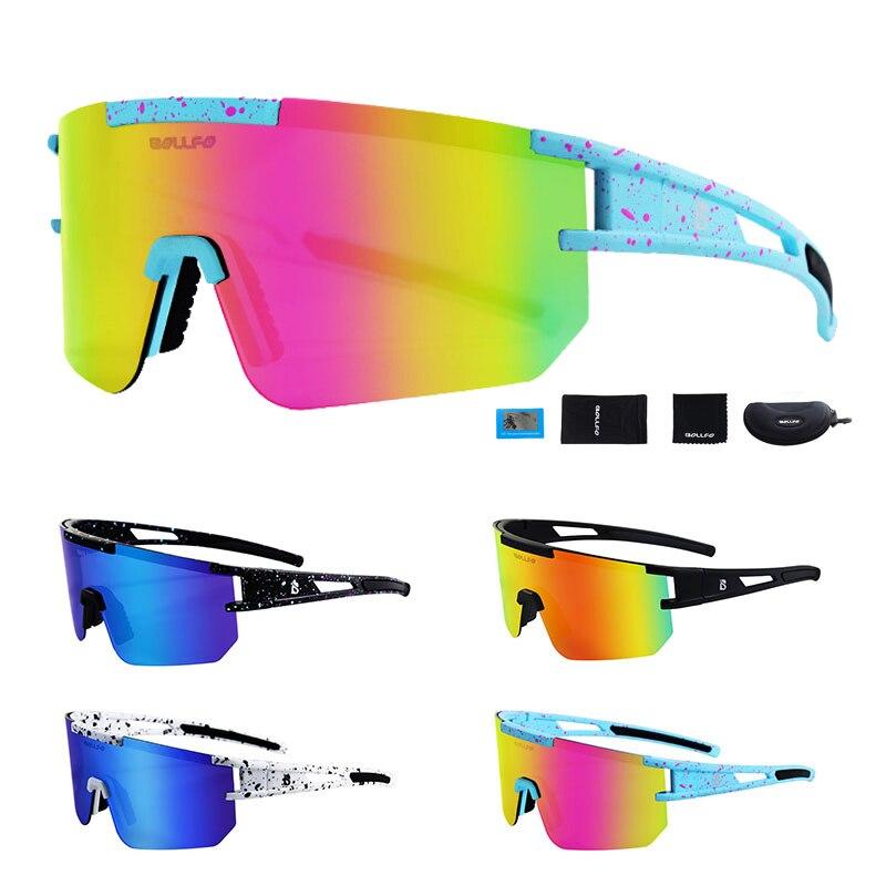 A pair of stylish polarized sports cycling sunglasses in various colors, designed for outdoor activities like cycling and running.